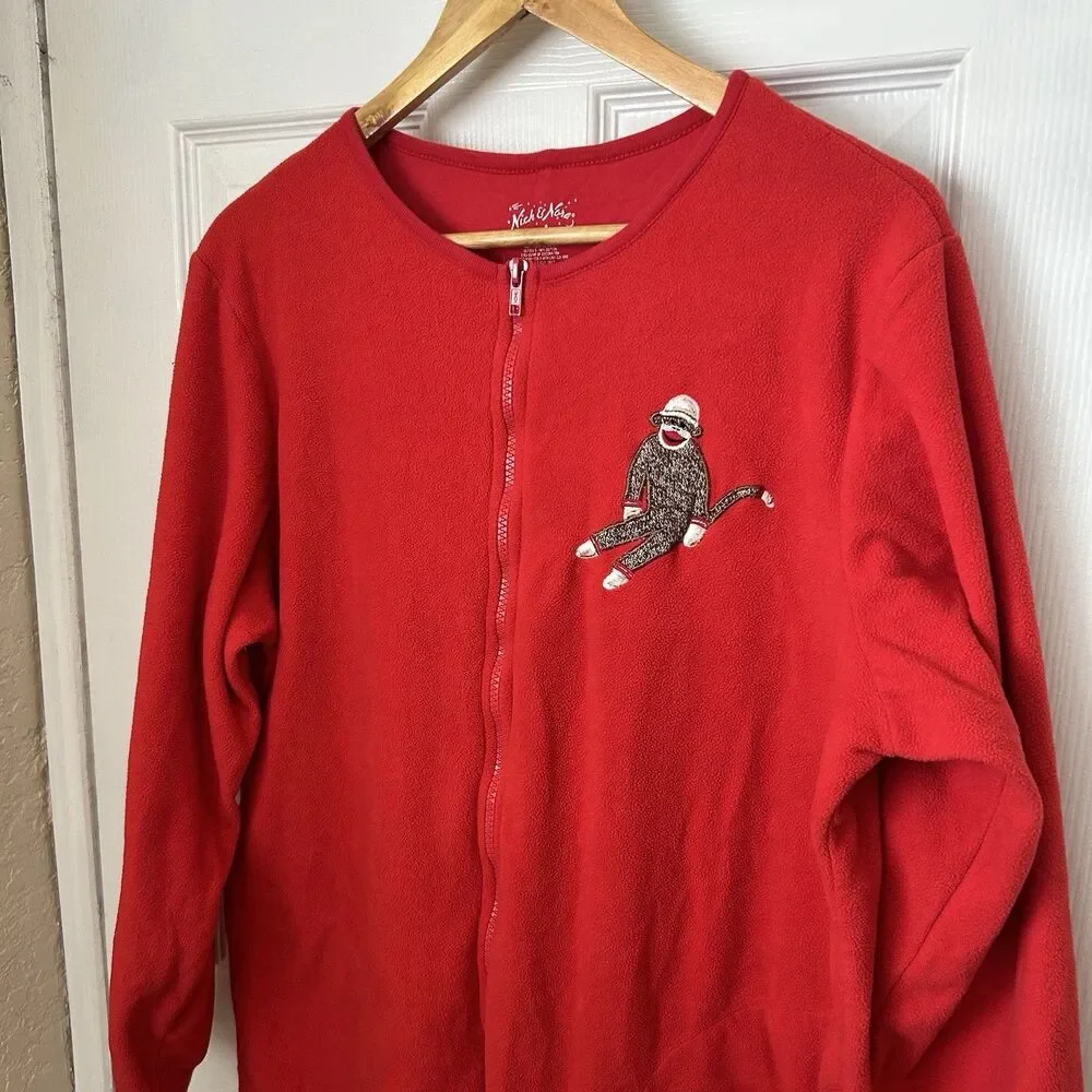Sock Monkey Footie Fleece Adult Pajamas Pockets Zip Red Animal Sleepwear Large